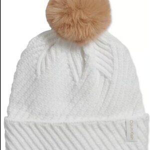 Calvin Klein Chunky Rib Knit Pom Beanie - Cream